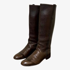 Size 6.5 Vintage tall dark brown genuine leather women flat knee high boots.
